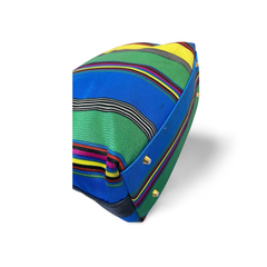 Vintage Gianni Versace duffle handbag in blue, yellow, green and other color fabric and black leather combination. 060810y1