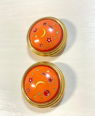 1990s Vintage HERMÈS Cloisonné Round Earrings | Orange Stars, Moon & Saturn Motif | Space-Themed Enamel | Classic Clip-On Jewelry. 071121y2