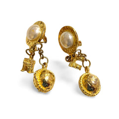 Vintage Celine golden round frame faux pearl dangle earrings with triomphe and golden ball charm. 060114ya2