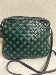 Vintage Bottega Veneta intrecciato navy and green woven lamb leather shoulder bag. 070203ys1