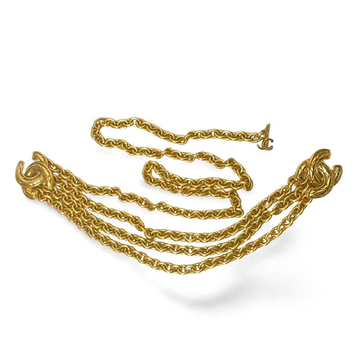 Vintage CHANEL gold chain belt with triple layer chains and two large matelasse CC mark charms. Gorgeous belt. 41.7"/106cm. 070527ac4