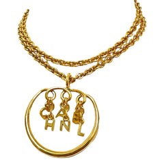 Vintage CHANEL golden long chain necklace with round logo letter dangling pendant top. Rare and adorable jewelry. 070204ac1