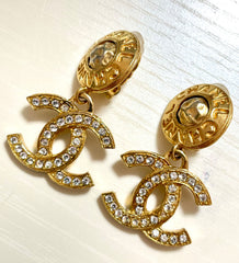 Vintage CHANEL dangle earrings with crystal CC motif and round logo embossed motif on top. Gorgeous vintage Chanel jewelry. 061214y1