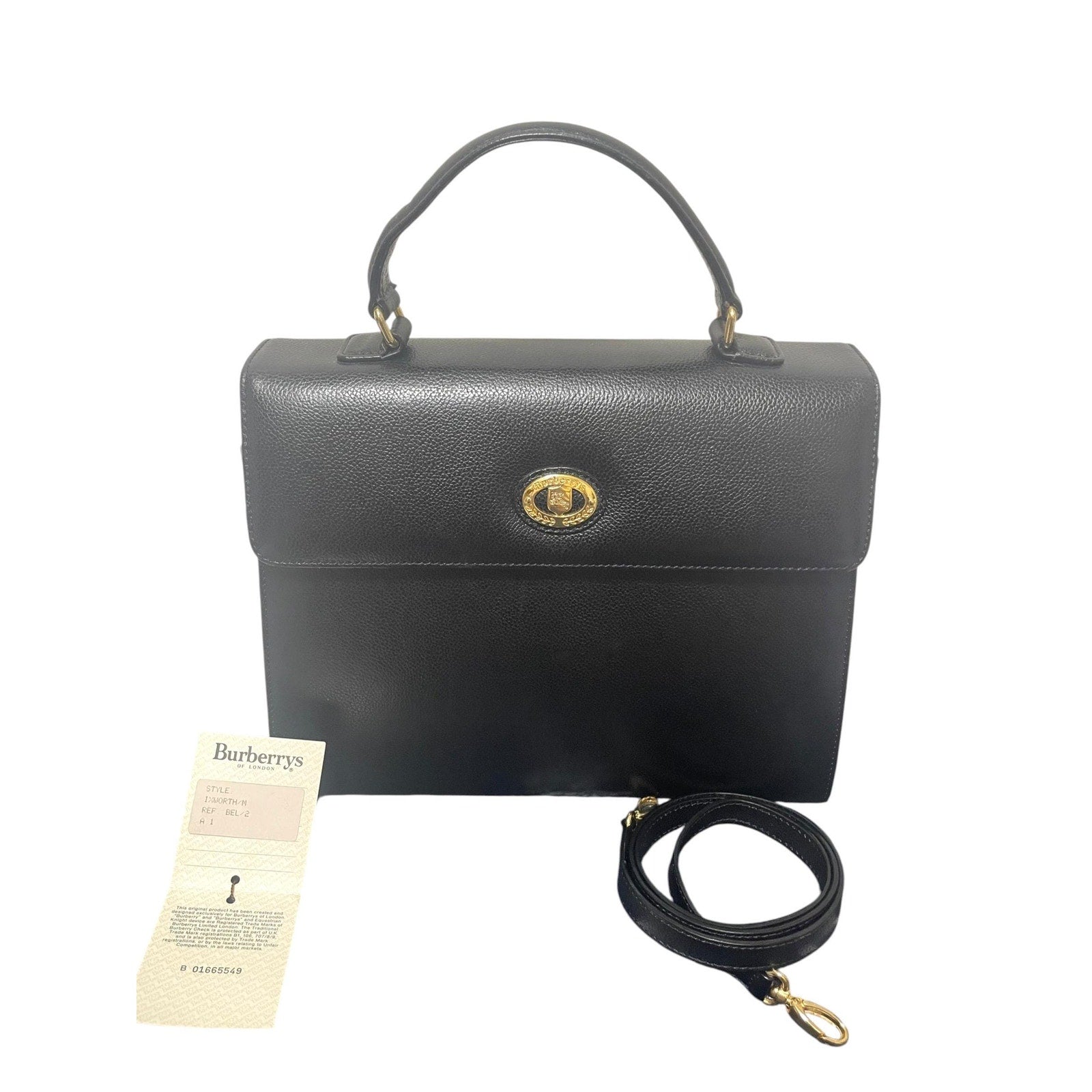 Vintage Burberry genuine black leather handbag with golden logo motif and Nova check linings. Can be shoulder bag. 081005ys1