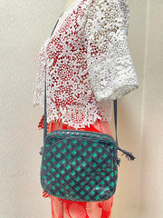 Vintage Bottega Veneta intrecciato navy and green woven lamb leather shoulder bag. 070203ys1