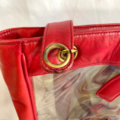 1990s Vintage CHANEL clear vinyl & red leather shoulder tote bag with CC appliqués, gold chain. 050919ac1