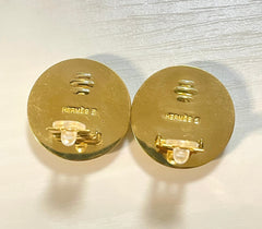 1990s Vintage HERMÈS Cloisonné Round Earrings | Lime Green Little Prince Motif | Prince, Carriage & Stars | Classic Enamel Jewelry. 071121y3