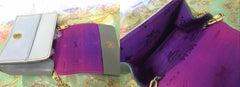 Vintage MCM light grey monogram and purple logo jacquard mini clutch shoulder bag, wallet pouch with chain strap. 070325re1
