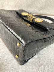 Vintage Gianni Versace black croc embossed leather handbag with Medallion Sunburst charms. Gorgeous masterpiece. 061104y1
