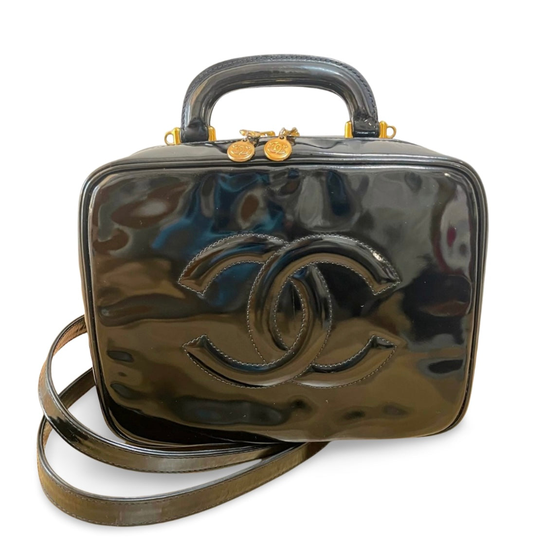 Vintage CHANEL Black Patent Enamel Vanity Bag — Lunchbox Shape Shoulder Bag with Large CC Stitch Motif — 080116re1