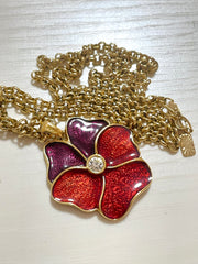 Vintage Yves Saint Laurent golden chain necklace with purple and red pansy flower top. 061001ac1