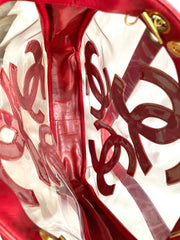 1990s Vintage CHANEL clear vinyl & red leather shoulder tote bag with CC appliqués, gold chain. 050919ac1