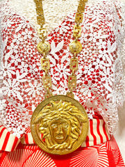 90s Vintage Gianni Versace Runway necklace with extra large Medusa face pendant top. Can be worn as a belt as well. Must have masterpiece. 061109y1