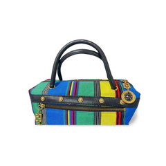 Vintage Gianni Versace duffle handbag in blue, yellow, green and other color fabric and black leather combination. 060810y1