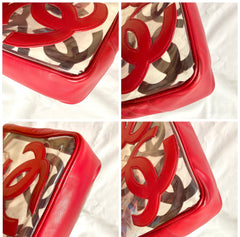 1990s Vintage CHANEL clear vinyl & red leather shoulder tote bag with CC appliqués, gold chain. 050919ac1
