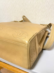 Vintage CHANEL brown beige caviar leather chain tote bag, shoulder purse with CC stitch marks. Classic and daily use bag. 070429re