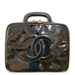 Vintage CHANEL Black Patent Enamel Vanity Bag — Lunchbox Shape Shoulder Bag with Large CC Stitch Motif — 080116re1