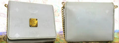 Vintage MCM light grey monogram and purple logo jacquard mini clutch shoulder bag, wallet pouch with chain strap. 070325re1