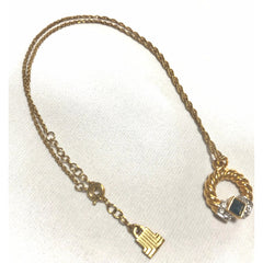 Vintage LANVIN golden skinny chain necklace with golden round pendant top. Clear crystals and green glass stone. Perfect gift. 050407r4