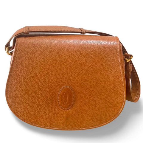 Vintage Cartier must de Cartier orange brown grained leather oval shoulder bag | Rare color classic purse | 080210re2