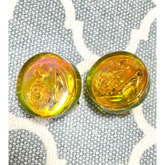 Vintage CHANEL yellow orange tone aurora resin earrings with Chanel iconic charms. Golden shoe, camellia, and CC mark in it. 041228an1