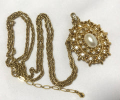 Vintage NINA RICCI statement necklace with oval shape pendant top with pearl and crystal stones. Rare and gorgeous gift. 0405165
