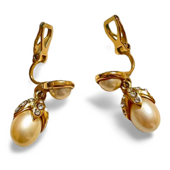 Vintage Yves Saint Laurent golden dangling earrings with crystals and teardrop white faux pearls.  Rare YSL jewelry. 060604ac1