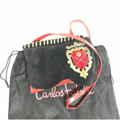 Vintage Carlos Falchi black and red leather book design messenger shoulder bag with emblem embroidery. 0602063