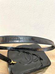 Vintage CHANEL Black Patent Enamel Vanity Bag — Lunchbox Shape Shoulder Bag with Large CC Stitch Motif — 080116re1