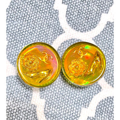 Vintage CHANEL yellow orange tone aurora resin earrings with Chanel iconic charms. Golden shoe, camellia, and CC mark in it. 041228an1