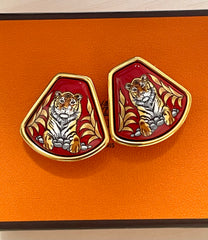 Vintage Hermes cloisonne golden earrings with tiger design in red. Fan shape. Classic jewelry. Great gift idea. 070428m1