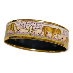 Vintage Hermes cloisonne enamel golden bangle with lion couple design. Classic Hermes GM bracelet. 070225ac4