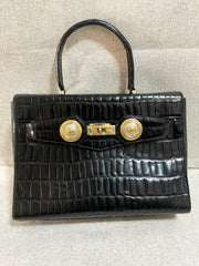 Vintage Gianni Versace black croc embossed leather handbag with Medallion Sunburst charms. Gorgeous masterpiece. 061104y1