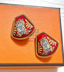 Vintage Hermes cloisonne golden earrings with tiger design in red. Fan shape. Classic jewelry. Great gift idea. 070428m1