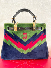 Vintage Roberta di Camerino navy, green, and red thunder chevron velvet weaving doctor bag with buckle strap leather handles. 0406221