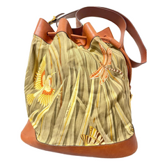 Vintage Salvatore Ferragamo bird and dragonfly print brown leather hobo shoulder bag with drawstrings. Tropical bag. 070520ac5