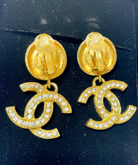 Vintage CHANEL dangle earrings with crystal CC motif and round logo embossed motif on top. Gorgeous vintage Chanel jewelry. 061214y1