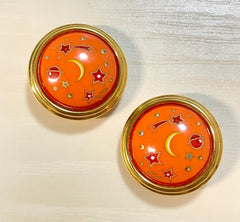 1990s Vintage HERMÈS Cloisonné Round Earrings | Orange Stars, Moon & Saturn Motif | Space-Themed Enamel | Classic Clip-On Jewelry. 071121y2