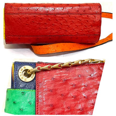 Vintage Celine genuine ostrich shoulder bag with gold tone chains and red, orange, blue, green, and yellow patchwork design. 050410ac1