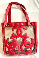 1990s Vintage CHANEL clear vinyl & red leather shoulder tote bag with CC appliqués, gold chain. 050919ac1