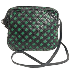 Vintage Bottega Veneta intrecciato navy and green woven lamb leather shoulder bag. 070203ys1