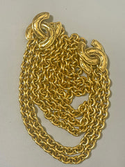 Vintage CHANEL gold chain belt with triple layer chains and two large matelasse CC mark charms. Gorgeous belt. 41.7"/106cm. 070527ac4