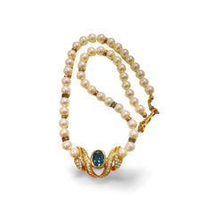 MINT. Vintage Christian Dior opal shine pearl necklace with emerald green glass and crystal top. Beautiful statement necklace. 060123ac3