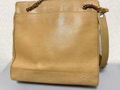Vintage CHANEL brown beige caviar leather chain tote bag, shoulder purse with CC stitch marks. Classic and daily use bag. 070429re