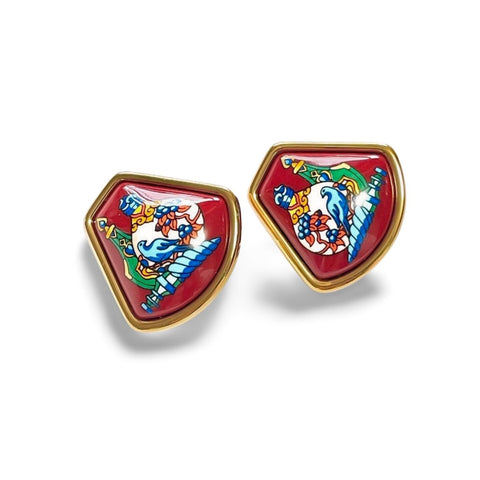 Vintage Hermes cloisonne golden earrings with colorful white, blue, green, orange perfume bottle design in wine. Fan shape. 060402ac