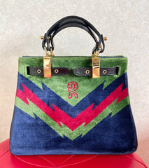Vintage Roberta di Camerino navy, green, and red thunder chevron velvet weaving doctor bag with buckle strap leather handles. 0406221