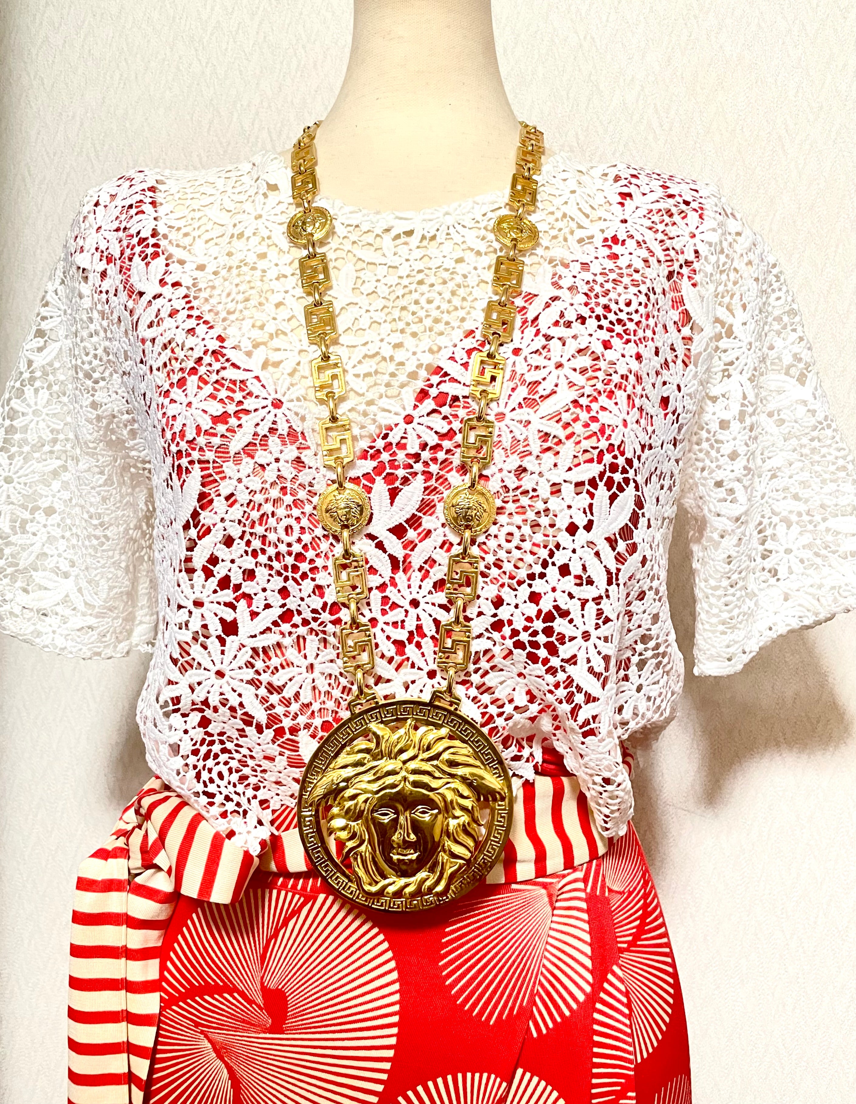 90s Vintage Gianni Versace Runway necklace with extra large Medusa face pendant top. Can be worn as a belt as well. Must have masterpiece. 061109y1