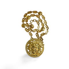 90s Vintage Gianni Versace Runway necklace with extra large Medusa face pendant top. Can be worn as a belt as well. Must have masterpiece. 061109y1
