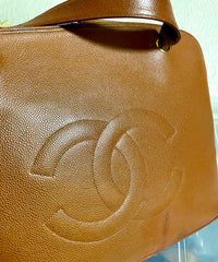 Vintage CHANEL caviar leather double zipper tote bag in brown with golden CC ball charms.  Daily use purse. 060728br1