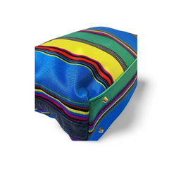 Vintage Gianni Versace duffle handbag in blue, yellow, green and other color fabric and black leather combination. 060810y1